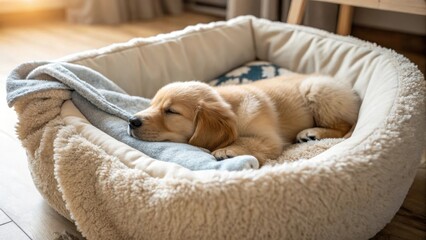 Obraz premium Sleepy golden retriever puppy in a relaxed mood, nestled comfortably in a cozy pet bed at home