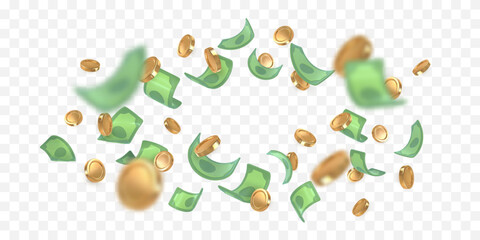 3d dollar notes and gold coins falling. Financial success concept. Vector illustration