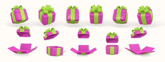 3d gift box with bow. Plastic box with shadow isolated on light background. Vector illustration