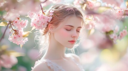 Caucasian female in spring blossom, eyes closed in tranquil cherry bloom setting