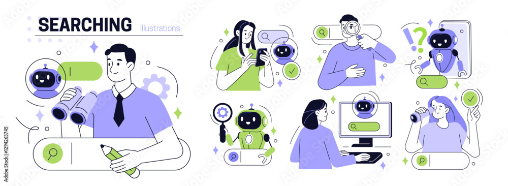 Poster search concept set. collection of characters using artificial intelligence generative tools for sear