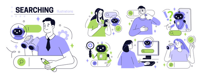 Search concept set. Collection of characters using artificial intelligence generative tools for searching or browsing internet. SEO concept. Vector illustration.