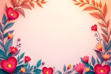 Obraz premium Beautiful Floral Border Design with Red Flowers and Leaves on a Pastel Background