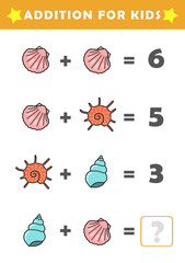 Fun Math Logic Puzzles for Kids. Math Game with Cute Shell Pictures. Math Activities for Children. Addition for Kids.