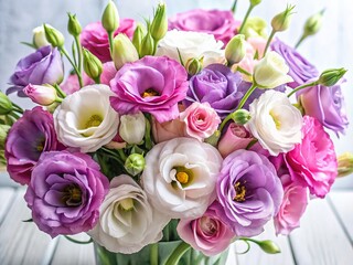 Fototapeta premium Elegant Pink, Lilac & White Eustoma Bouquet with Copy Space - Floral Background