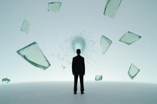 Silhouette of man surrounded by floating shards, symbolizing sha