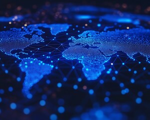 A blue illuminated digital world map with connection links