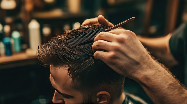 A barber adjusting a customers hairstyle with a comb and hair product, adding the final touches.