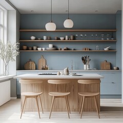 A modern kitchen with a blue backsplash and light fixtures