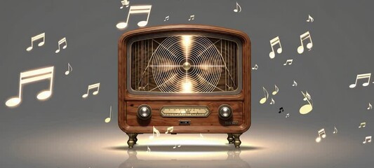 Vintage radio emits musical notes in dynamic animation sequence