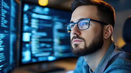 Fototapeta premium Cybersecurity threat monitoring for digital environment Focused programmer working on multiple screens in a dimly lit room