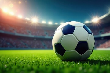 Fototapeta premium Close-up football soaring, stadium background blurred, dramatic, winning