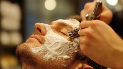 A barber performing a close shave with clippers, removing hair with smooth, controlled movements.
