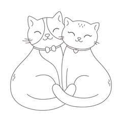 Cute cat couple in love. Coloring page. Animal love couple. Valentines Day greeting card. Vector doodle illustration, hand drawn design