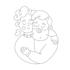 Cute happy gay couple hugging. Coloring page. Love is Love. Happy Valentines Day. LGBT, Pride community. Vector doodle illustration, hand drawn design