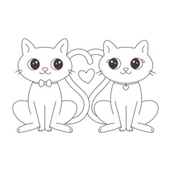 Fototapeta premium Cute cat couple in love. Coloring page. Animal love couple. Valentines Day greeting card. Vector doodle illustration, hand drawn design