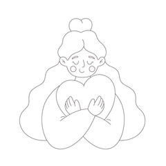Woman hugging heart. Coloring page. Love yourself. Self-care and acceptance. Mental health concept. Vector doodle illustration, hand drawn design