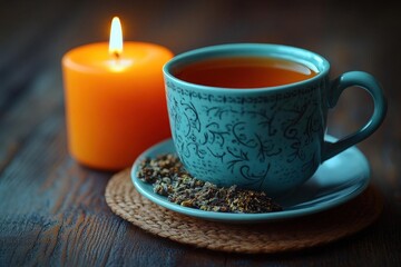 Teal Cup Of Tea With Orange Candle On Wooden Table