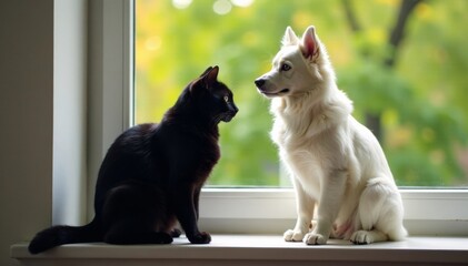 Black cat sitting next to white dog on a windowsill, window, home