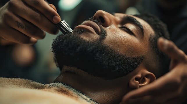 A close-up of a barber holding a straight razor while carefully shaping a clients beard.