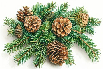 Vivid artwork of a pine branch featuring lush green needles and pinecones on a bright background