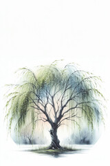 Eine zarte Illustration einer Trauerweide mit herabhängenden, grünen Ästen auf hellem Hintergrund. Die minimalistische Darstellung strahlt Ruhe und Eleganz aus. Platz für Text. Generative KI.