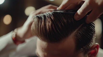 Fototapeta premium A close-up of a barber styling a quiff haircut, shaping the hair into place with precision.