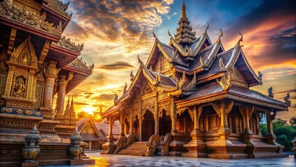 Fototapeta premium Panoramic View of Intricate Thai Temple Wood Carvings