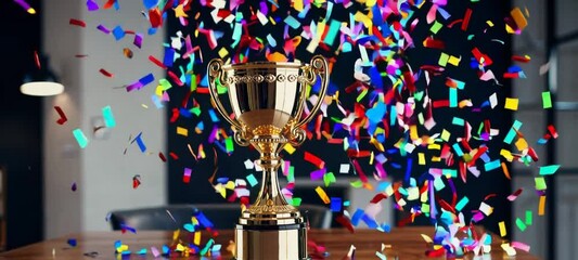 Celebration moment with trophy and vibrant confetti burst in modern office setting