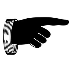 Silhouette engraving of pointing finger. Hand pointing symbol.