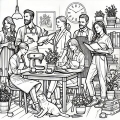 Uses clean unembellished lines to depict subjects often without