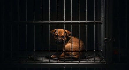 Sad puppy in dark cage. Animal shelter concept. Pet adoption awareness. Brown dog behind bars. Animal welfare and rights. Rescue and rehoming. Loneliness in confinement.