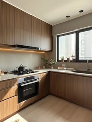 Fototapeta premium A modern kitchen showcasing cabinets oven and countertop