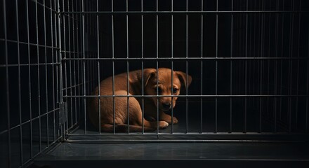 Sad puppy in dark metal cage. Animal shelter, pet adoption concept. Lonely dog awaiting rescue. Emotional image highlighting animal welfare issues and need for compassion.