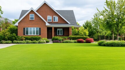 Beautiful suburban home with well-maintained lawn and vibrant landscaping under a partly cloudy sky