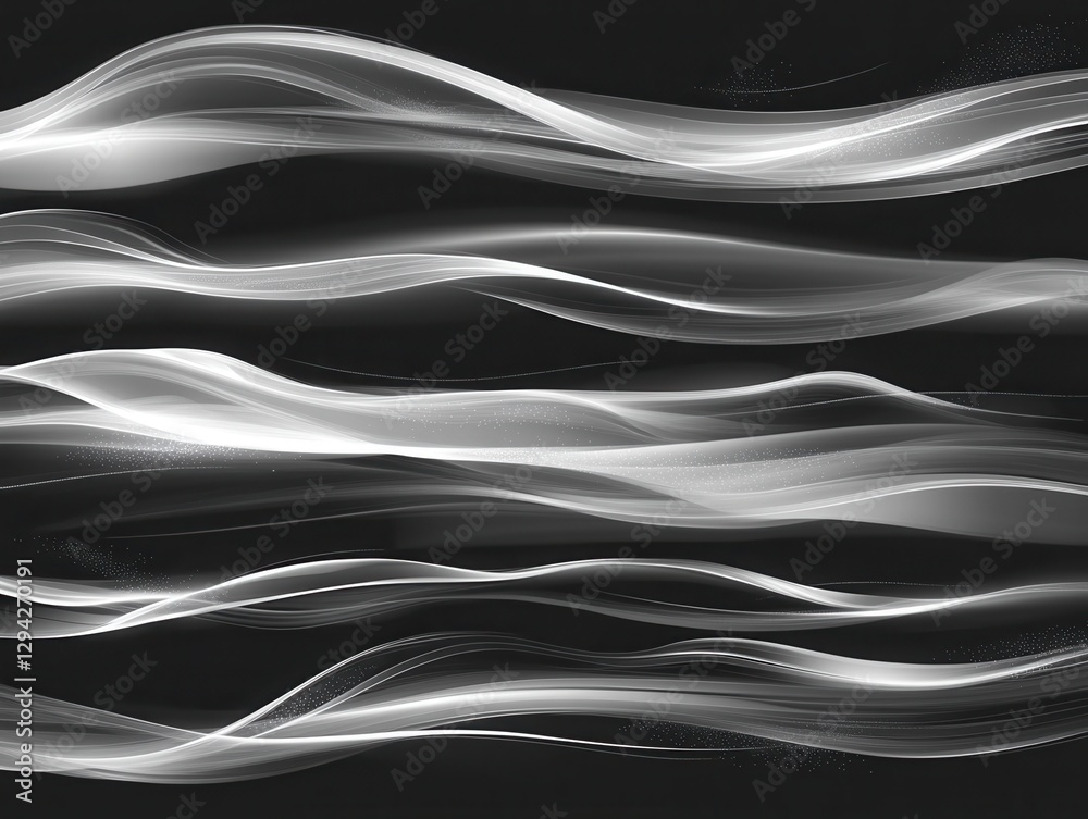 Poster ethereal white waves on dark backdrop abstract design with smooth flowing lines and subtle particle 
