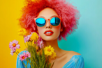 Fototapeta premium Vibrant Woman with Curly Pink Hair and Flowers
