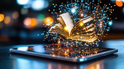 Magical book with glowing pages unleashing a cascade of sparks symbolizing the transformative power of knowledge innovation and wisdom on a digital tablet device