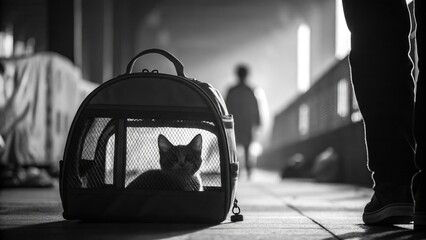 Mysterious cat looking out from a travel carrier, embodying curiosity and intrigue, in an urban setting