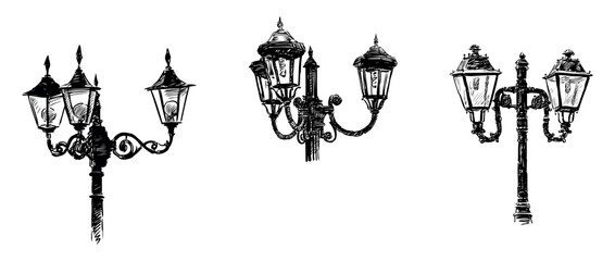 Sketches of three different antique street lamps, retro lanterns, vintage streetlight, vector hand drawings isolated on white