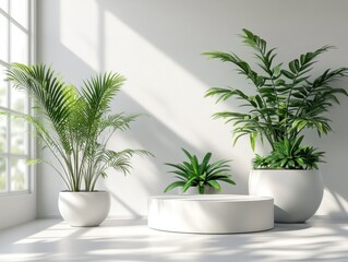 Fototapeta premium Serene Indoor Oasis with Lush Green Plants in White Pots Bathed in Sunlight Creating a Calming and Refreshing Atmosphere for Modern Home Decor