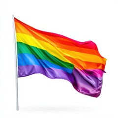 Vibrant Rainbow Flag Waving Against White Background Celebrating Diversity, Inclusion, and LGBTQ+ Pride