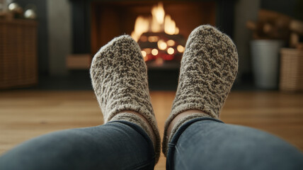 Cozy feet in knitted socks by warm fireplace, creating relaxing atmosphere. Perfect for winter evenings and comfort at home