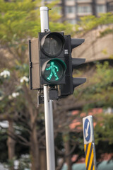 close up of pedestrian red light traffic light showing green light
