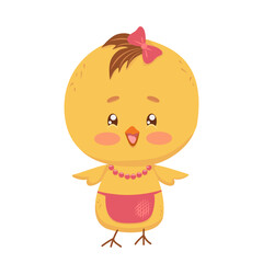 Small female chicken wearing apron and beads. Cute vector character isolated