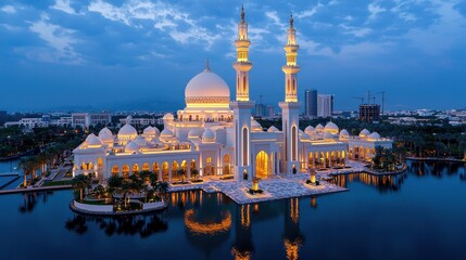 Naklejka premium Majestic Mosque at Twilight with Illuminated Domes and Minarets in Scenic Reflection