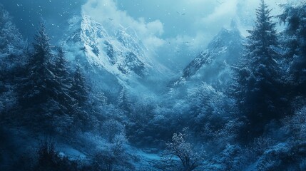 Snowy mountain range with a frosty forest at twilight.