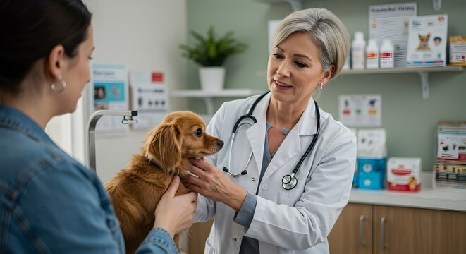 Woman veterinarian examining cocker spaniel puppy at clinic. Pet health checkup. Professional vet care for dogs. Animal hospital consultation with owner present