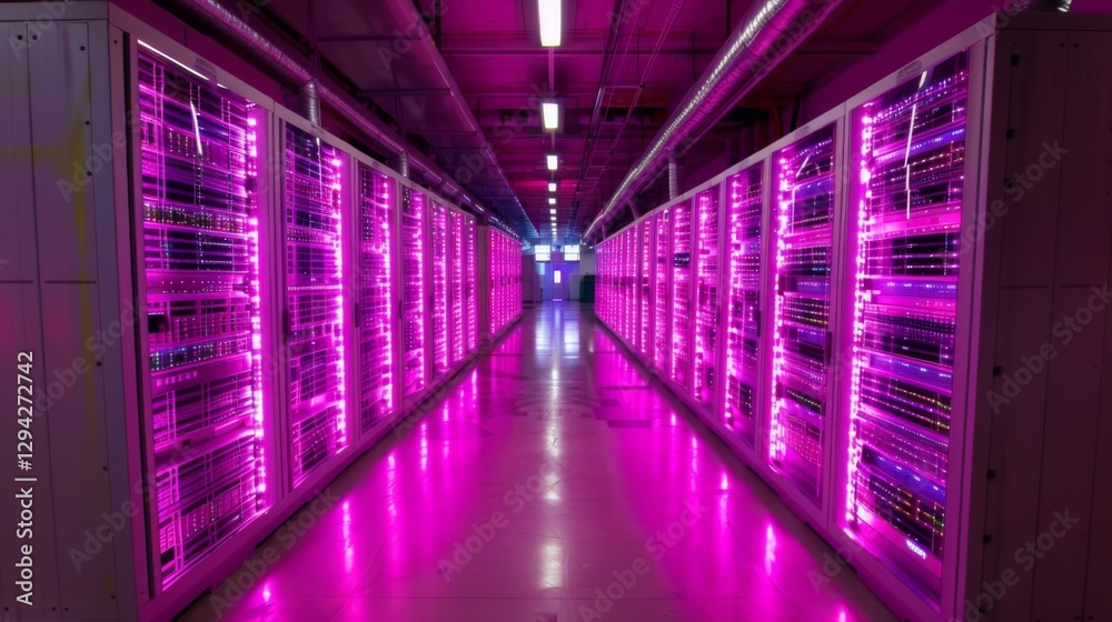 Poster Rows of servers line the hallway of a modern data center, where vibrant pink lights create a futuristic atmosphere. The environment reflects advanced technology in data management.