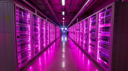 Rows of servers line the hallway of a modern data center, where vibrant pink lights create a futuristic atmosphere. The environment reflects advanced technology in data management.
